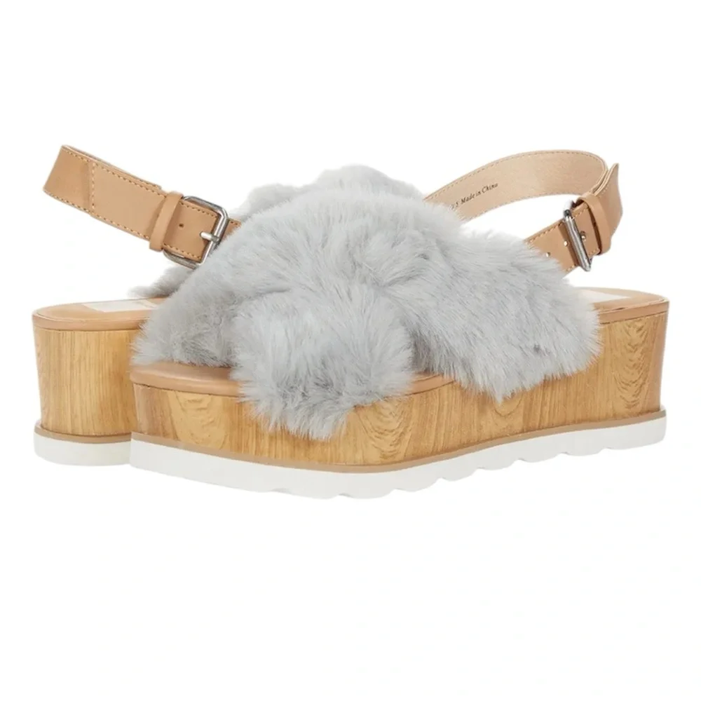 NWOB Dolce Vita Grey Faux Fur Ankle Strap Wedge Sandal